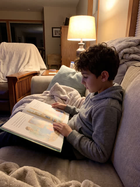 Example photo: boy reading on a couch in lamp light