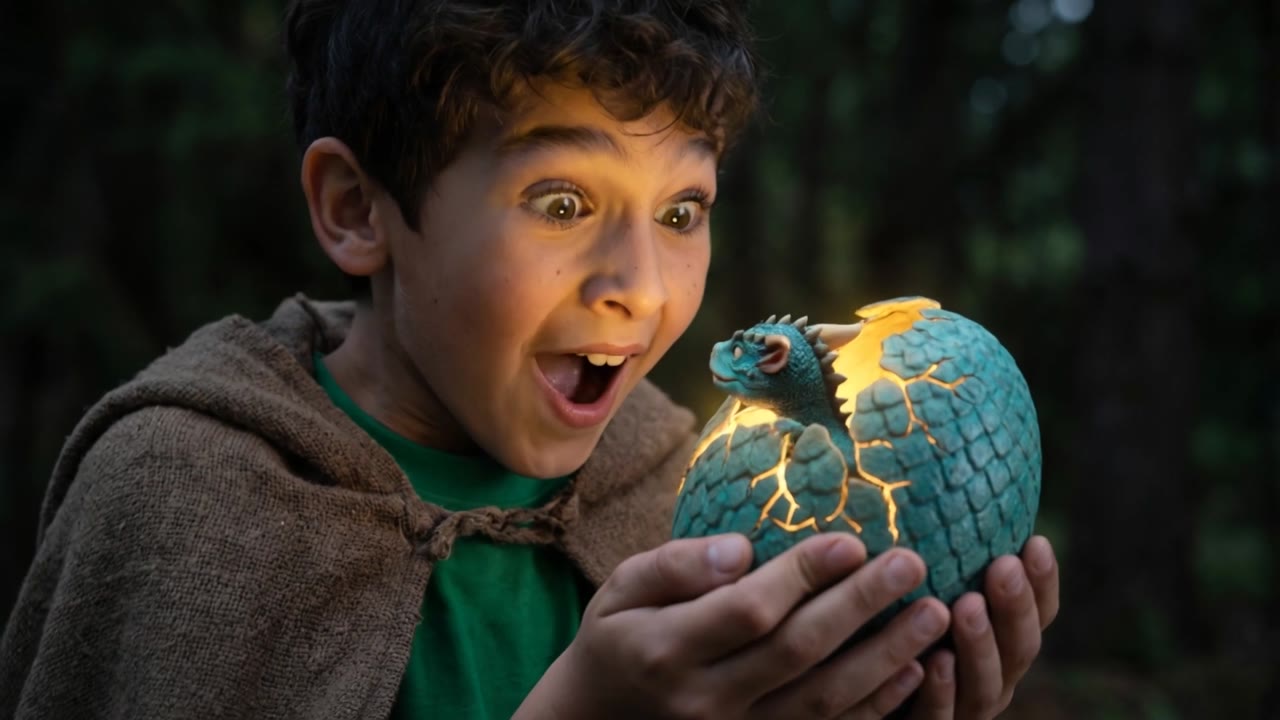 A boy discovering a glowing dragon egg, a scene from our family demo film